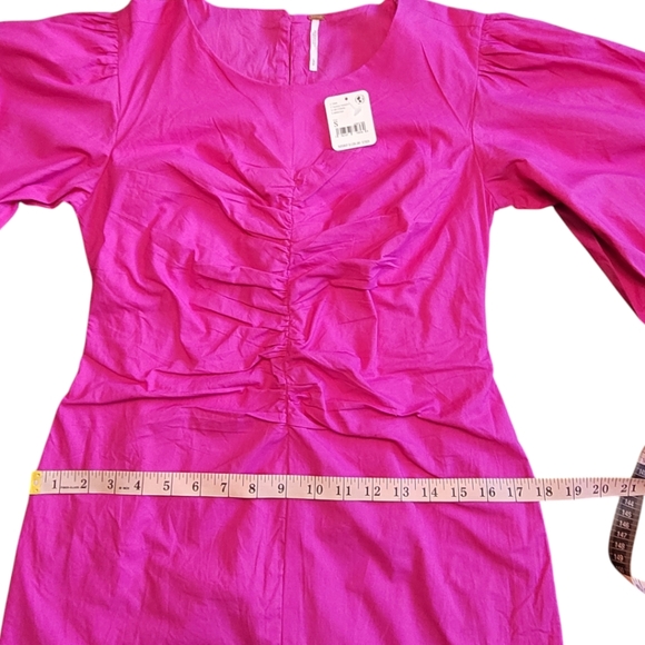 NWT Free People Hope Mini Dress Fuchsia Puff Sleeve Ruched Cotton S - Picture 15 of 17